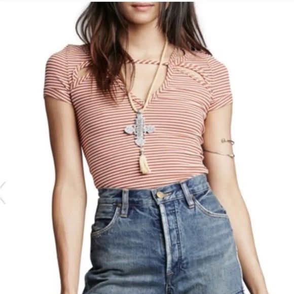 Free People Frenchie Striped Cutout Tee Size L - Picture 2 of 12